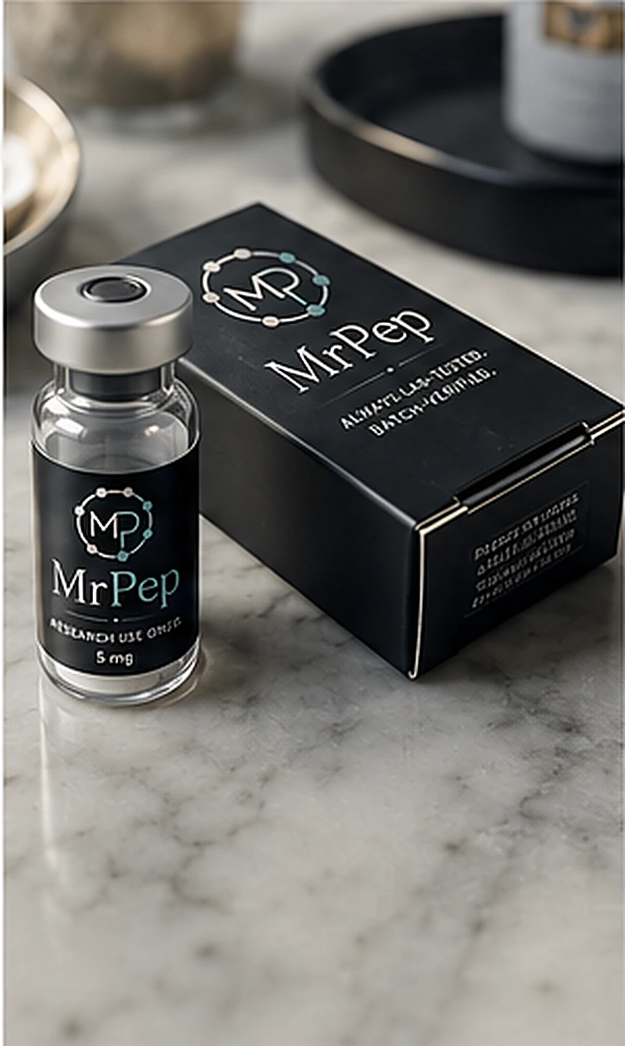 MrPep research vial and box on a marble surface