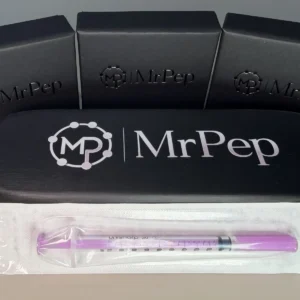 Unisharp 1 ml fixed 30G U-100 syringe with purple plunger, sealed, shown with MrPep branded packaging
